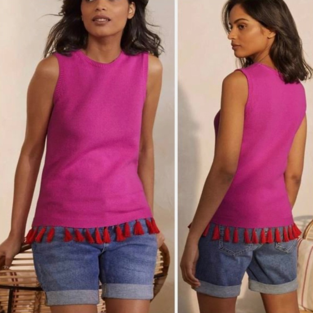 Pink Boden vest with red tassels